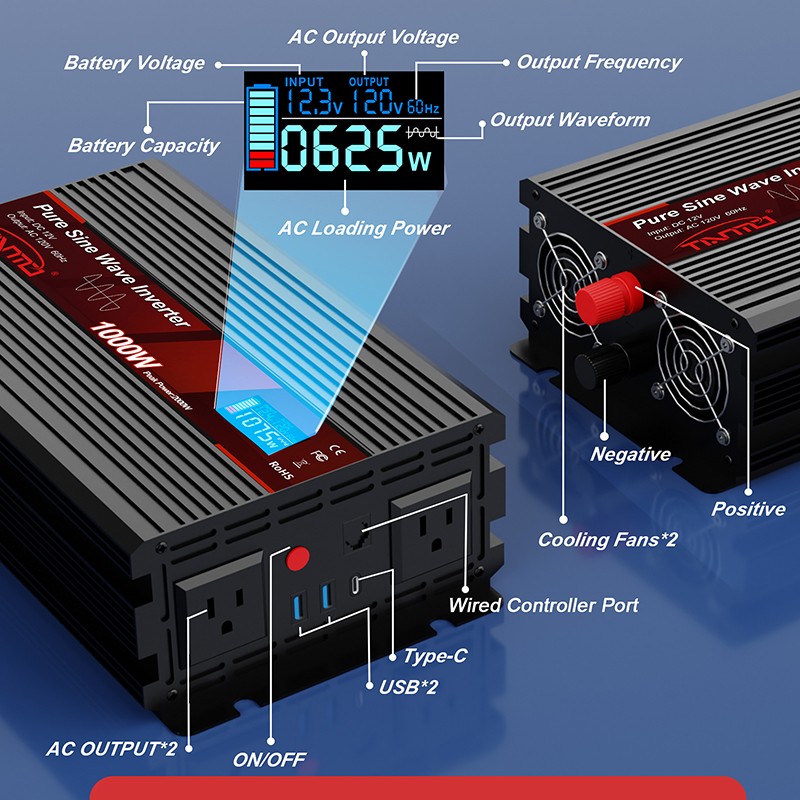 Tianmo 1000W Pure Sine Wave Inverter Wired Remote Control 