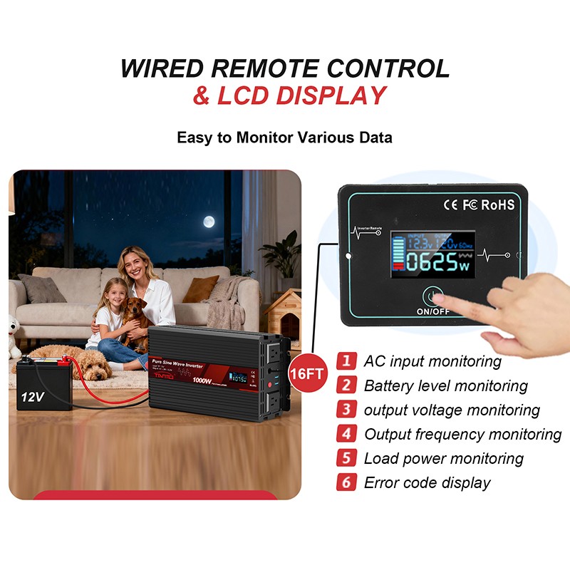 Tianmo 1000W Pure Sine Wave Inverter Wired Remote Control 