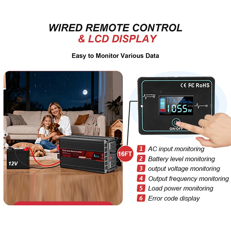 Tianmo 2000W Pure Sine Wave Inverter Wired Remote Control