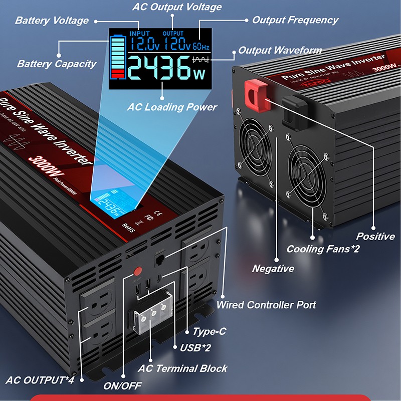 Tianmo 3000W Pure Sine Wave Inverter Wired Remote Control 