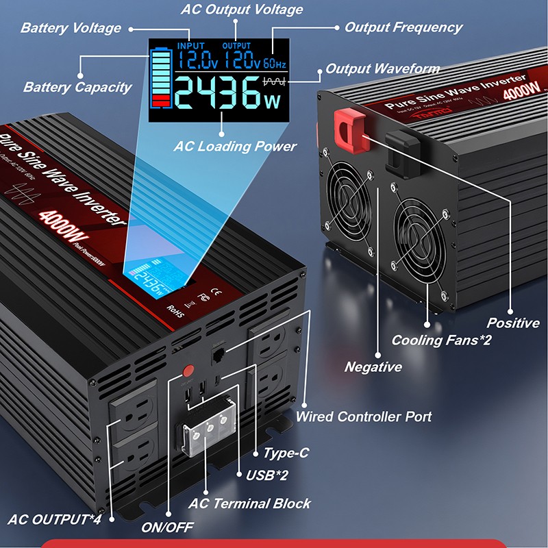 Tianmo 4000W Pure Sine Wave Inverter Wired Remote Control